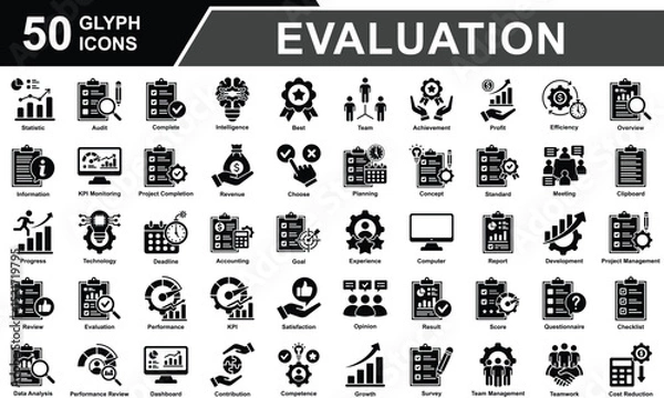 Obraz Performance Review Icon Set Collection. Containing Statistics, Audit, Survey, Score, Standard, Competence, Review, Evaluation, Performance, Result, Data Analysis. Simple Glyph Vector Illustration.