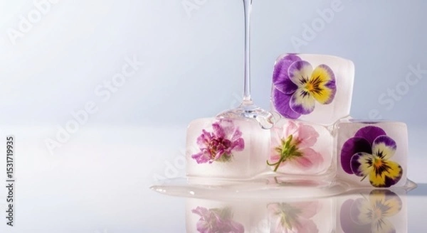 Fototapeta Three ice cubes with embedded edible flowers are melting around the base of a wine glass stem on a reflective surface.