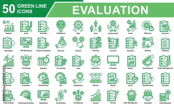 Fototapeta Performance Review Icon Set Collection. Containing Statistics, Audit, Survey, Score, Standard, Competence, Review, Evaluation, Performance, Result, Data Analysis. Simple Green Line Vector Illustration