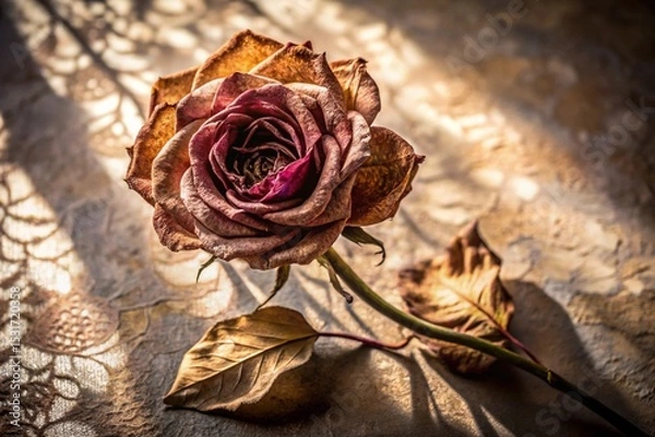 Obraz A single dried rose, with faded pink and brown petals and brittle leaves, lies on a lace-patterned surface, illuminated by a beam of sunlight creating distinct shadows.