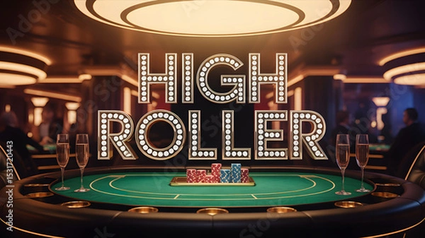 Fototapeta Elegant casino scene with chips and champagne under glowing "HIGH ROLLER" text
