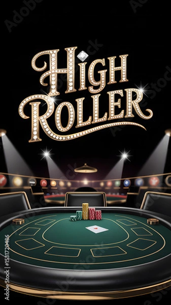 Fototapeta Luxury poker table under spotlights with "High Roller" text in diamond lights
