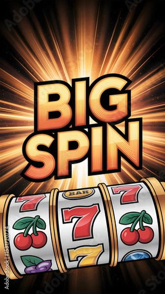 Fototapeta Exploding golden rays behind spinning slot reel with "BIG SPIN" text and fruit symbols
