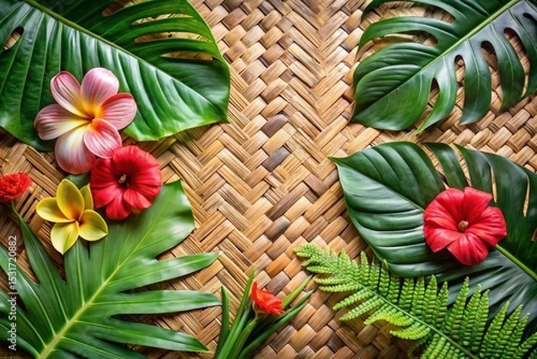 Obraz A diverse collection of vibrant tropical leaves and colorful flowers, including hibiscus and frangipani, are artfully arranged around the edges of a woven straw mat, leaving a central space.