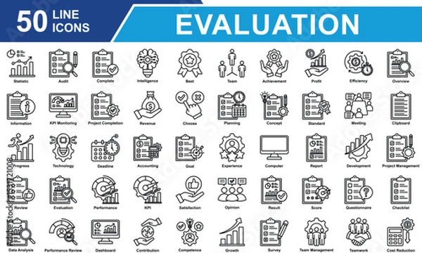 Obraz Performance Review Icon Set Collection. Containing Statistics, Audit, Survey, Score, Standard, Competence, Review, Evaluation, Performance, Result, Data Analysis. Simple Line Vector Illustration.