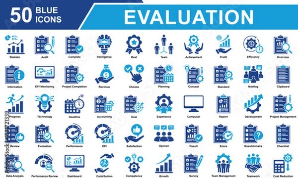 Obraz Performance Review Icon Set Collection. Containing Statistics, Audit, Survey, Score, Standard, Competence, Review, Evaluation, Performance, Result, Data Analysis. Simple Blue Vector Illustration.