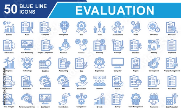 Obraz Performance Review Icon Set Collection. Containing Statistics, Audit, Survey, Score, Standard, Competence, Review, Evaluation, Performance, Result, Data Analysis. Simple Blue Line Vector Illustration.