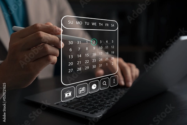 Fototapeta Businessman using digital calendar interface on laptop with stylus pen, representing time management, event scheduling, productivity planning, online appointments, and digital organization.