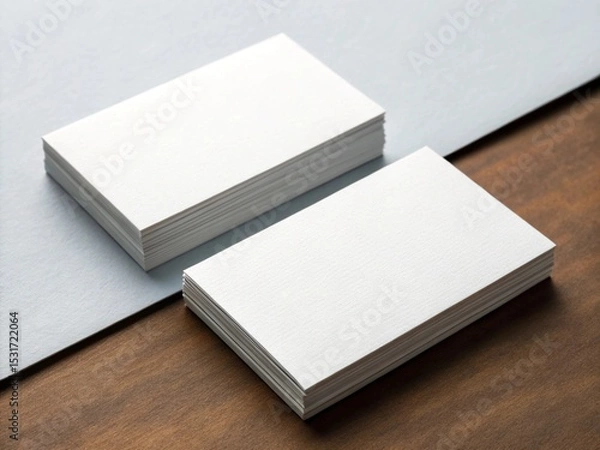 Obraz Two stacks of blank white business cards are arranged on a textured gray and brown surface.