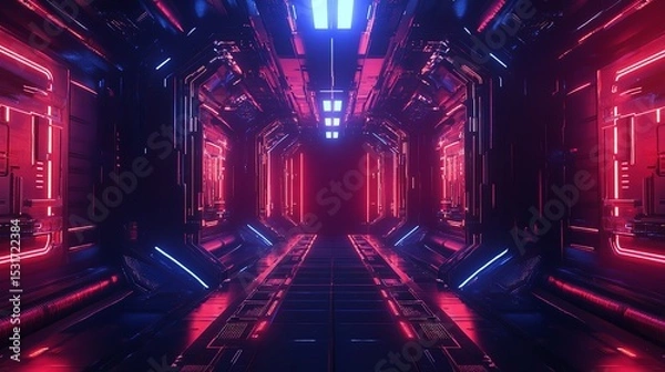 Obraz A massive elevator door with red siren above. Inside massive, dark, underground mech hangar. Generative AI.