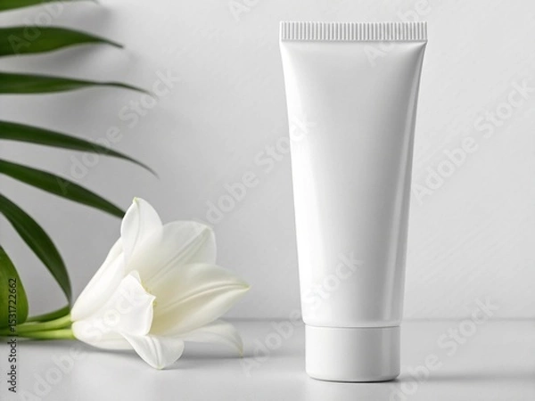 Obraz A white cosmetic tube is positioned on a light gray surface, with a white flower and green leaf providing a soft, natural backdrop.