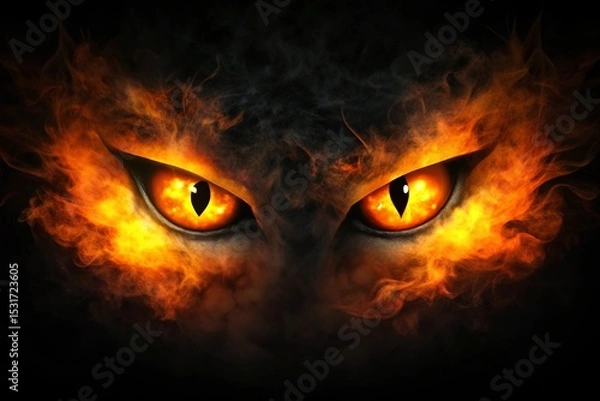 Obraz Fiery orange cat-like eyes with narrow pupils glow intensely from a dark, smoky background.