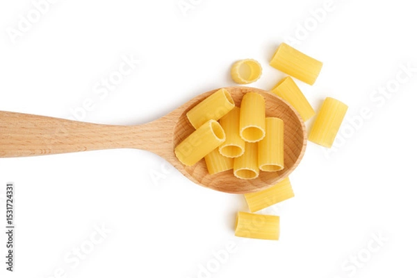 Obraz Wooden spoon with uncooked tortiglioni pasta on white background