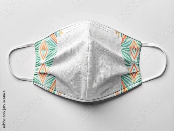 Obraz A disposable face mask features a white center and geometric patterns in green, orange, and blue on the sides.