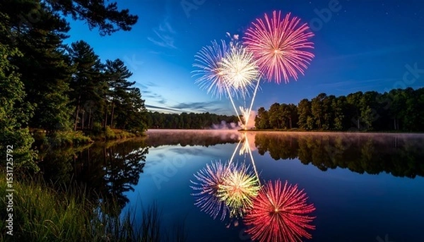 Fototapeta Night scene features fireworks reflected in a calm lake surrounded by trees in quiet nature.