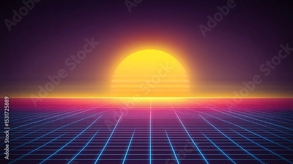 Obraz Retro sunset over grid landscape horizon