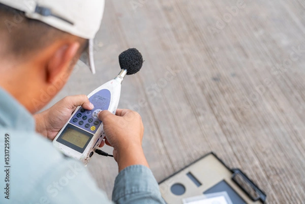 Fototapeta The environmental monitoring officer is setting up the sound level meter.