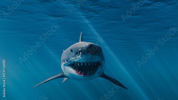Fototapeta Great white shark swimming in tropical underwaters. 3d illustration rendering