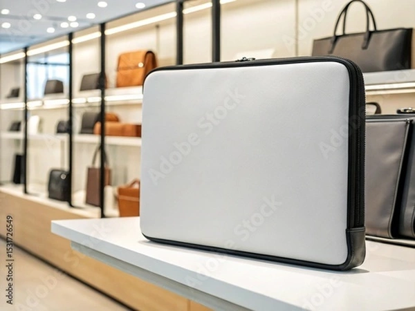 Obraz A plain white laptop sleeve with black trim is displayed prominently on a white shelf in a brightly lit retail store, surrounded by other bags and accessories.