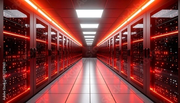 Fototapeta A symmetrical server room with red and white neon lights creates a modern, futuristic environment.