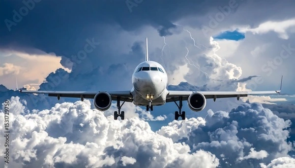 Fototapeta Passenger airplane flies, preparing to land during cloudy weather with distant flashes of lightning.