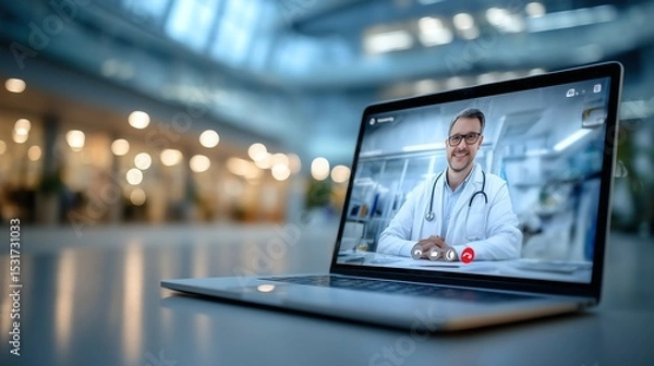 Obraz Doctor Treating Cold Patient via Video Call with Blurred Clinic Background and Text Space