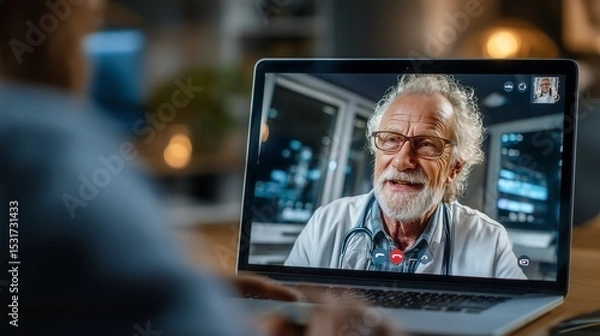 Obraz General practitioner talking to senior patient via online video conference, minimalist soft color tones