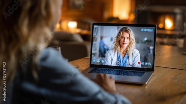 Obraz Indian Patient in Zoom Consultation with GP - Over-Shoulder View with Copy Space