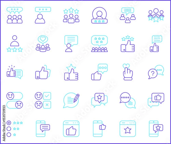 Fototapeta Review And feedback Icon Set. Vector collection of customer, rating, star rating, chat, testimonials, survey, support, communication, sign and element symbols or logo element.