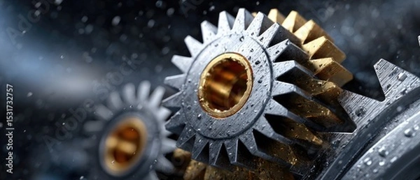 Fototapeta metallic gears mechanical lubrication concept. Close-up of metallic gears with a blurred, textured background.