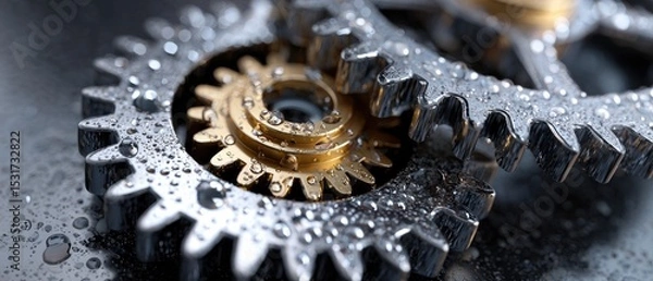 Fototapeta metallic gears mechanical lubrication concept. Close-up of metallic gears with water droplets, showcasing intricate details and reflections.