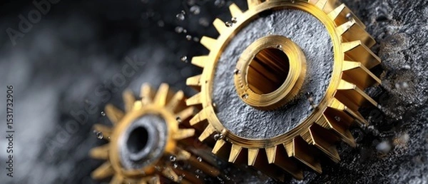 Fototapeta metallic gears mechanical lubrication concept. Close-up of metallic gears in motion, glimmering with water droplets.