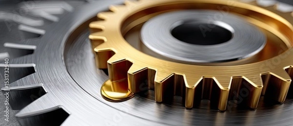 Fototapeta metallic gears mechanical lubrication concept. Close-up of metallic gears with gold and silver textures, showcasing intricate mechanical design.