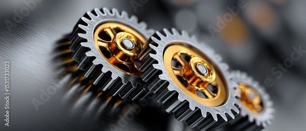 Fototapeta metallic gears mechanical lubrication concept. Close-up of metallic gears showcasing intricate design and mechanical precision.