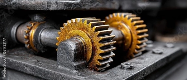 Fototapeta metallic gears mechanical lubrication concept. Close-up of rusty gears with intricate details and a weathered appearance.