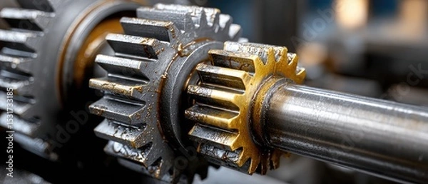 Fototapeta metallic gears mechanical lubrication concept. Close-up of interlocking metal gears with a rugged surface.