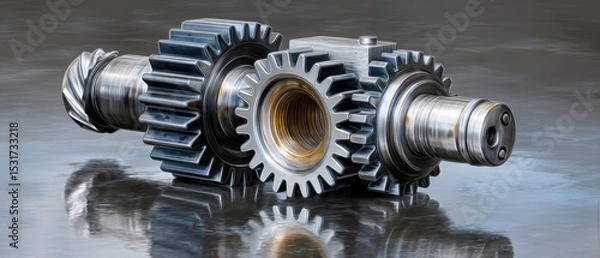Fototapeta metallic gears mechanical lubrication concept. Metal gears with a reflective surface, showcasing intricate mechanical design.