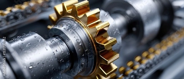 Fototapeta metallic gears mechanical lubrication concept. Close-up of a metallic gear and chain with water droplets, showcasing industrial mechanics and engineering.