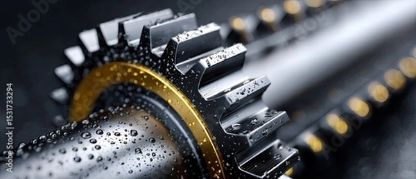 Fototapeta metallic gears mechanical lubrication concept. Close-up of a metallic gear with droplets and light reflections, showcasing industrial design.
