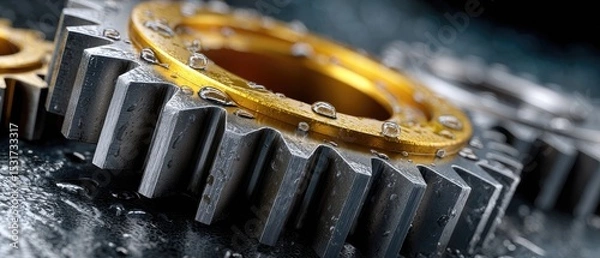 Fototapeta metallic gears mechanical lubrication concept. Close-up of metallic gears with a golden gear and droplets of water on a dark surface.