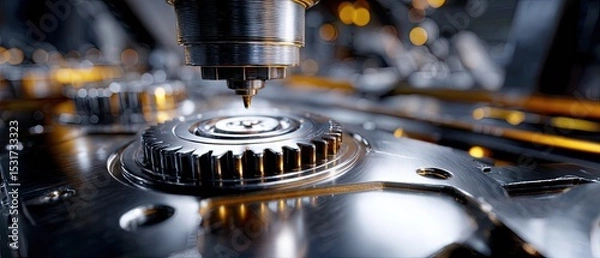 Fototapeta metallic gears mechanical lubrication concept. High-tech machine tool in action, focusing on precision manufacturing and intricate details.