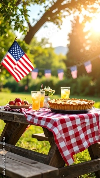 Fototapeta A nostalgic summer picnic scene with American flags, pie, and drinks on a checkered cloth outdoors.