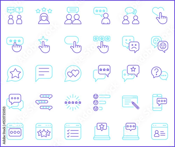 Fototapeta Review And feedback Icon Set. Vector collection of customer, rating, star rating, chat, testimonials, survey, support, communication, sign and element symbols or logo element.