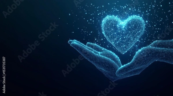 Fototapeta Glowing polygonal heart held in hands, digital art.
