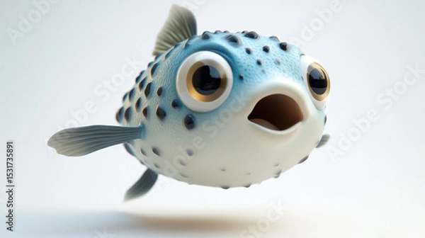 Fototapeta 3D Illustration, character Pufferfish with Spikes. A cute, animated pufferfish with spines, suitable for marine life, education, or children's content.