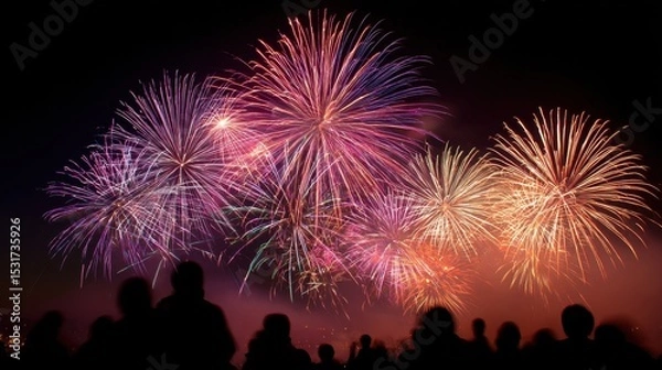 Fototapeta Fireworks shows offer stunning visual spectacles, blending explosive colors and rhythms to celebrate joyous occasions.
