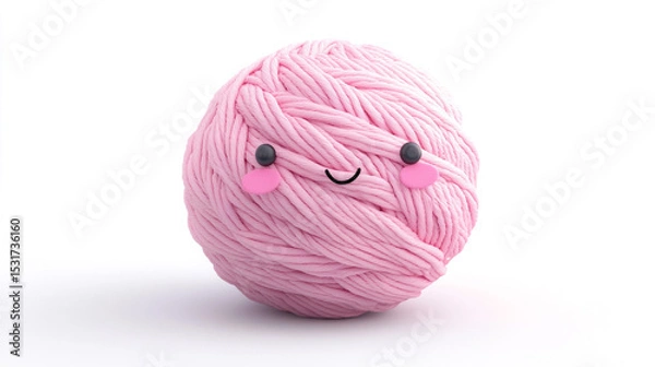 Fototapeta Smiling pink yarn ball with a happy expression and rosy cheeks, showing cuteness and creativity. Cheerful image suitable for various concepts such as DIY crafts, kindness, and adorable decor.