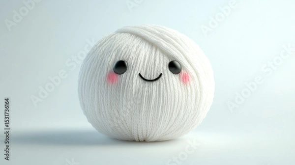 Fototapeta Cute Smiling White Yarn Ball with Cheerful Expression on Light Background. Smiling white yarn ball with a happy expression and rosy cheeks, showing cuteness and creativity. 