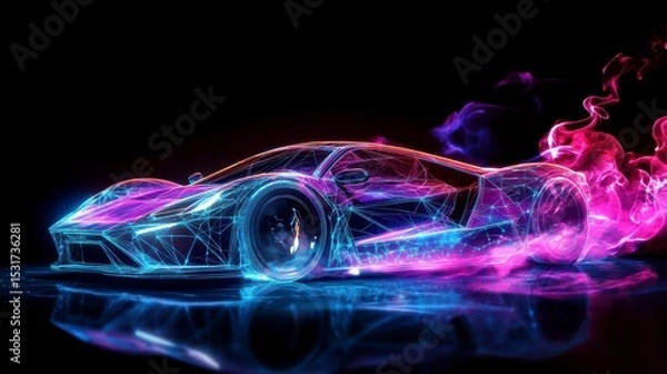Obraz Futuristic sports car rendered in vibrant neon colors with smoke trails, reflecting on a dark surface.
