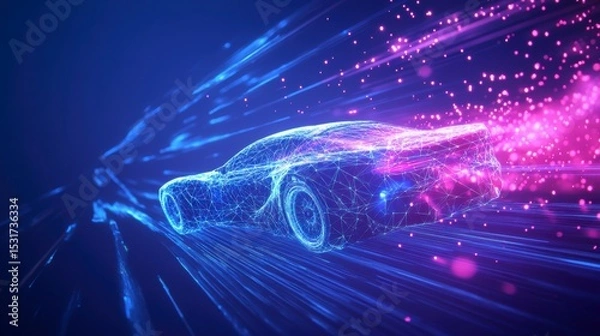 Obraz Futuristic car speeding, light trails, glowing particles, polygonal design.